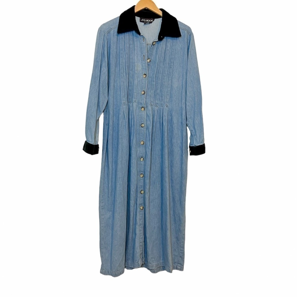 Vintage J.G. Hook Denim Velour Collar Button Front Midi Dress XL